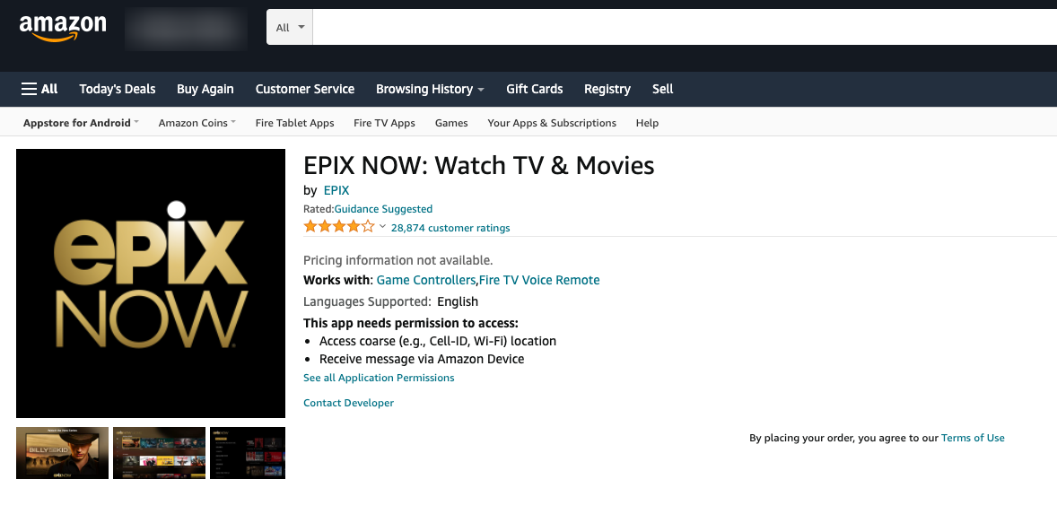 Epix Now TV on Amazon Fire TV