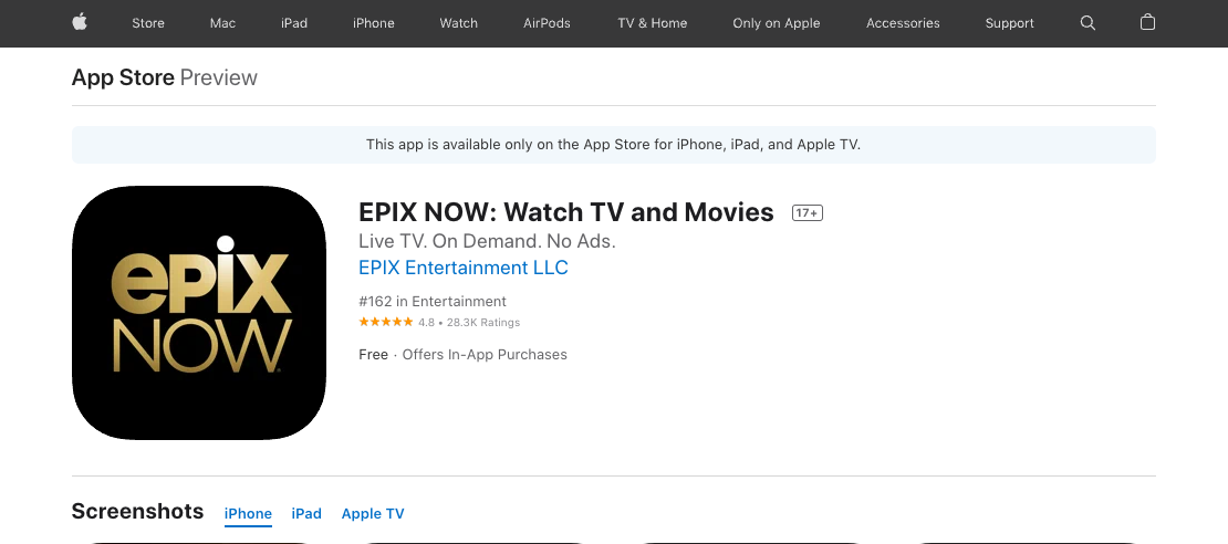 Epix Now TV on Apple TV